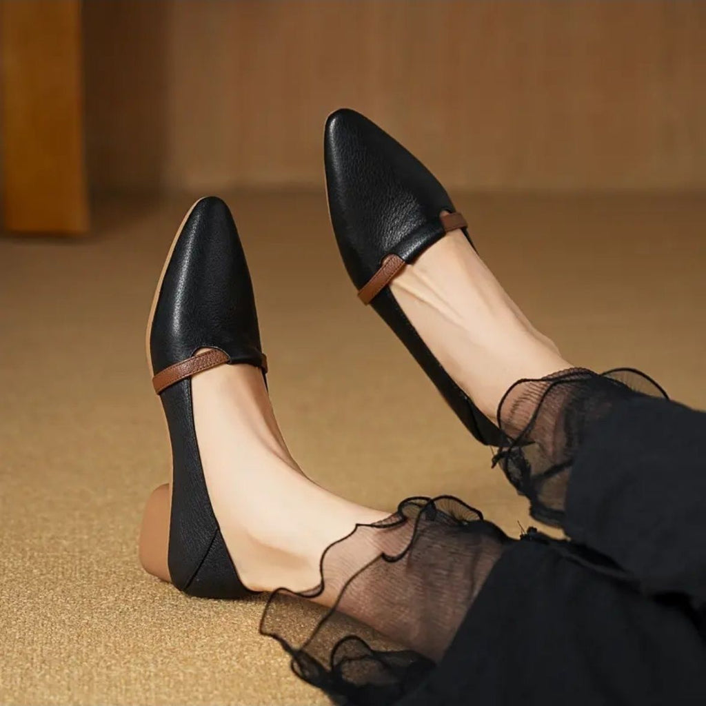 Women Soft Leather Pointed Toe Low Heel Mary Jane Shoes