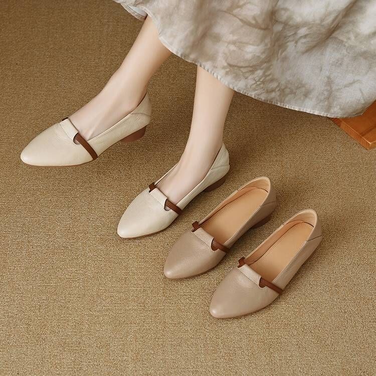 Women Soft Leather Pointed Toe Low Heel Mary Jane Shoes