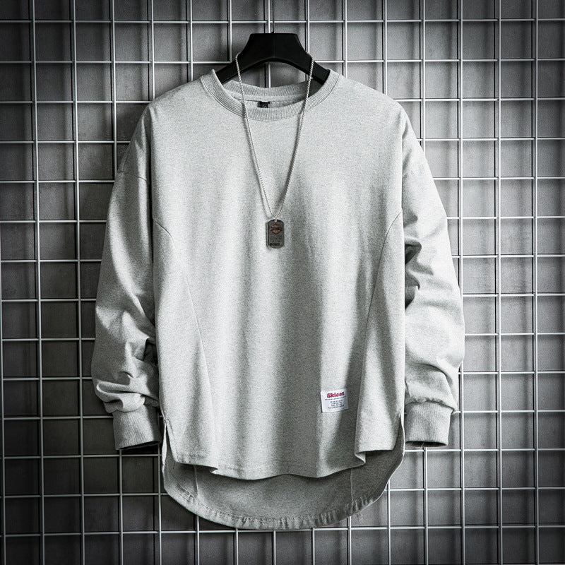 Men's Solid Long Sleeve Round Neck Loose Cotton T-Shirt