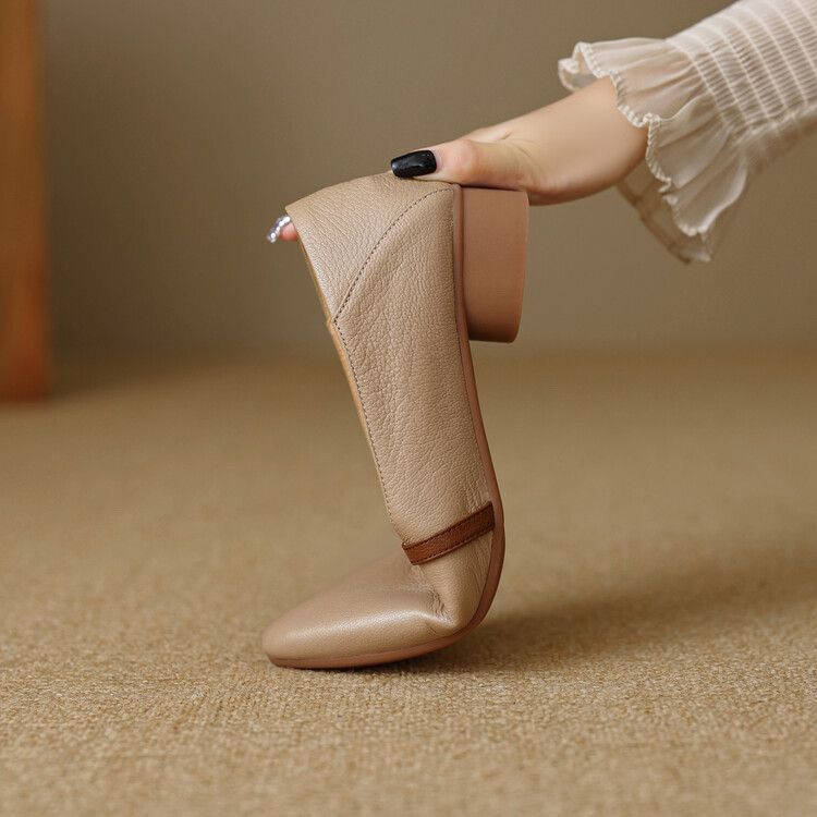 Women Soft Leather Pointed Toe Low Heel Mary Jane Shoes
